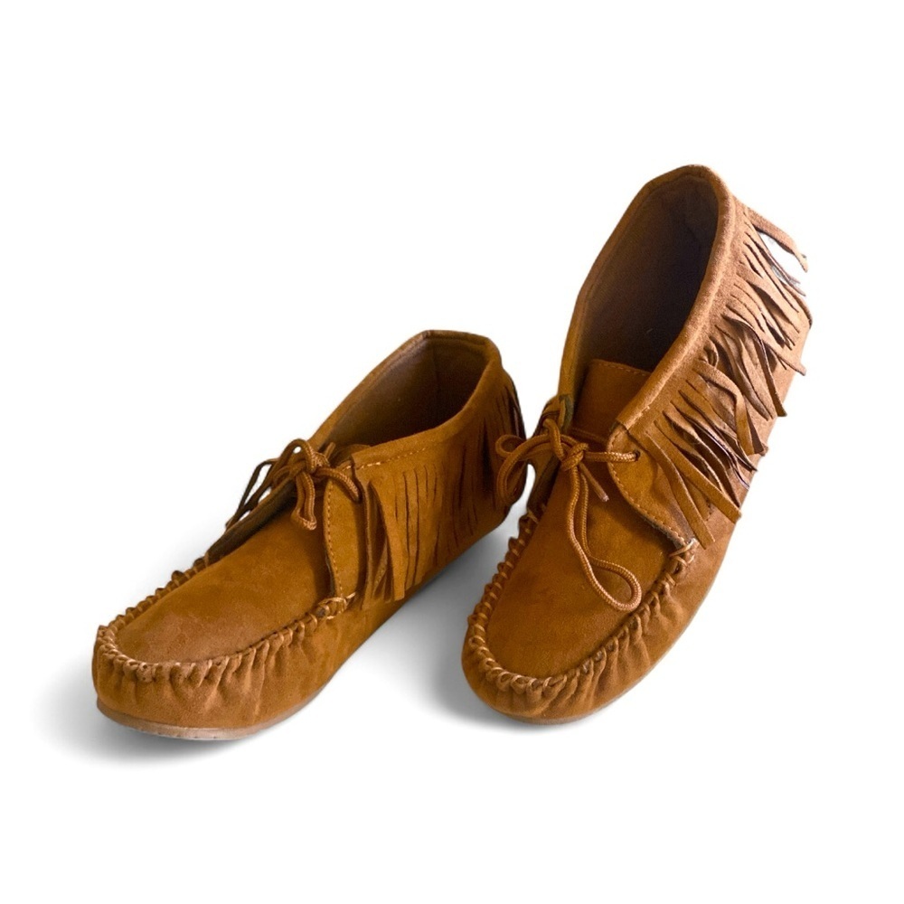 Fringed Moccasin Booties Kids Size M (2/3) Faux Fur Lined Brown Bohemian